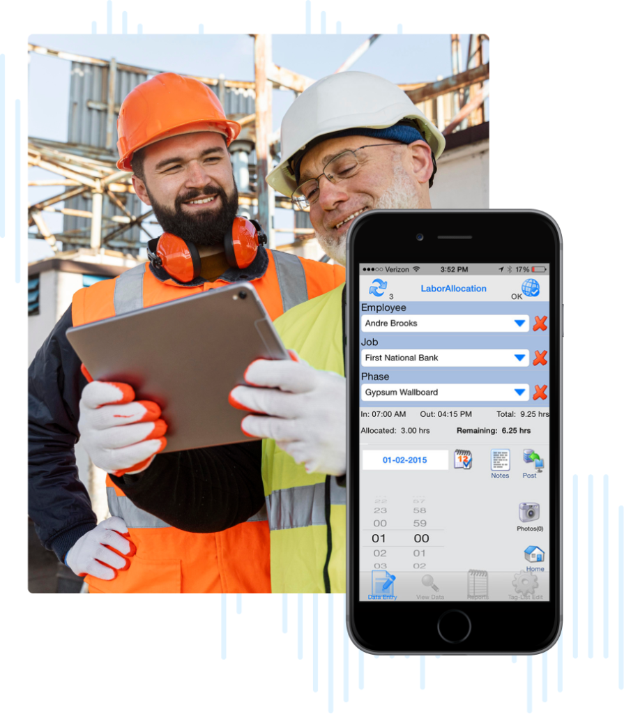 Construction workers using construction time tracking software on tablet