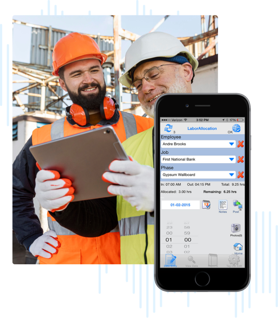 Construction workers using construction time tracking software on tablet