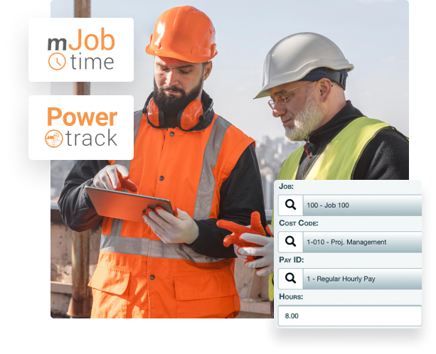 Two construction workers looking at a tablet with biometric time tracking software.