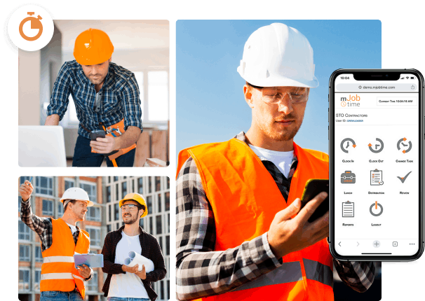 Workers using onstruction time tracking and construction equipment tracking software on multiple devices