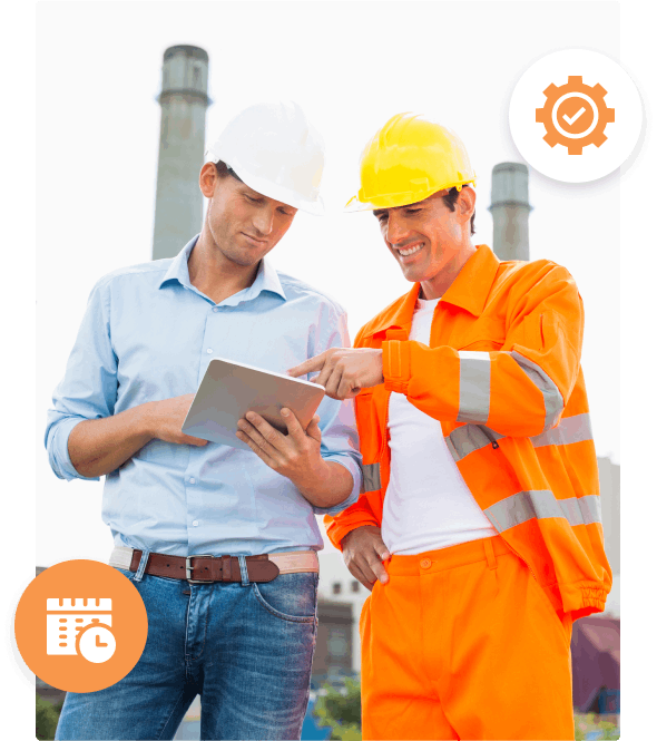 Two construction workers looking at a mobile devise with construction time-tracking software.