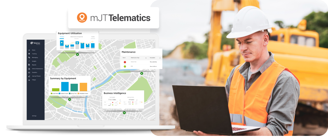 worker using construction equipment tracking software on laptop