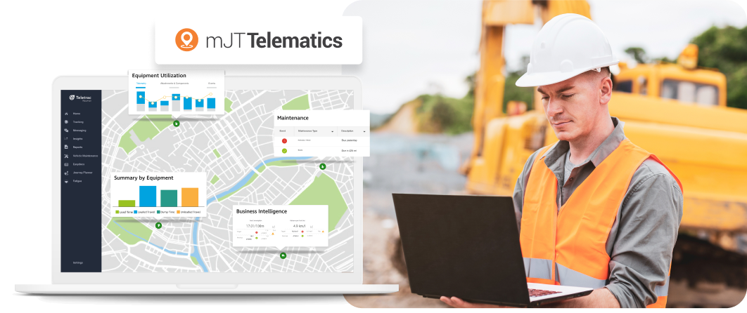 worker using construction equipment tracking software on laptop