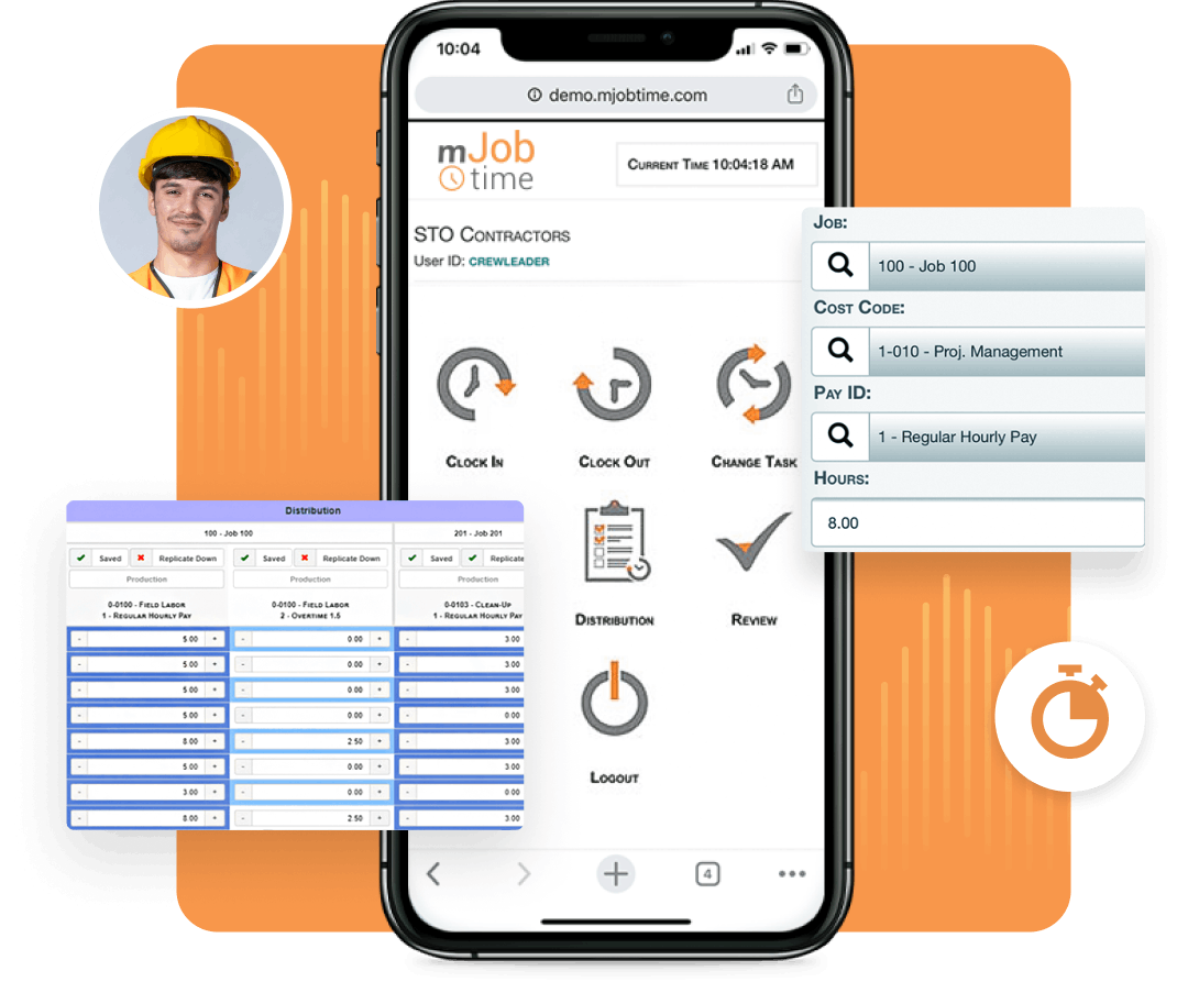 Mobile phone showing construction time tracking software software.