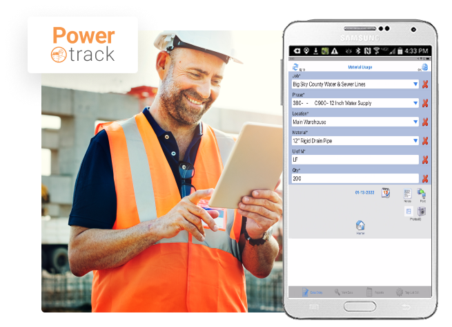A construction worker working on a mobile device and a screenshot of a mobile device with a construction tool tracking app.