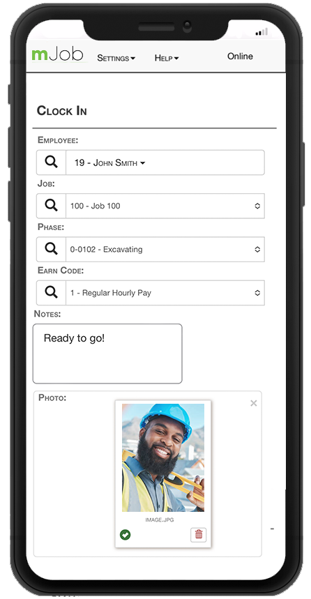 Photo verification clock in for crew time tracking