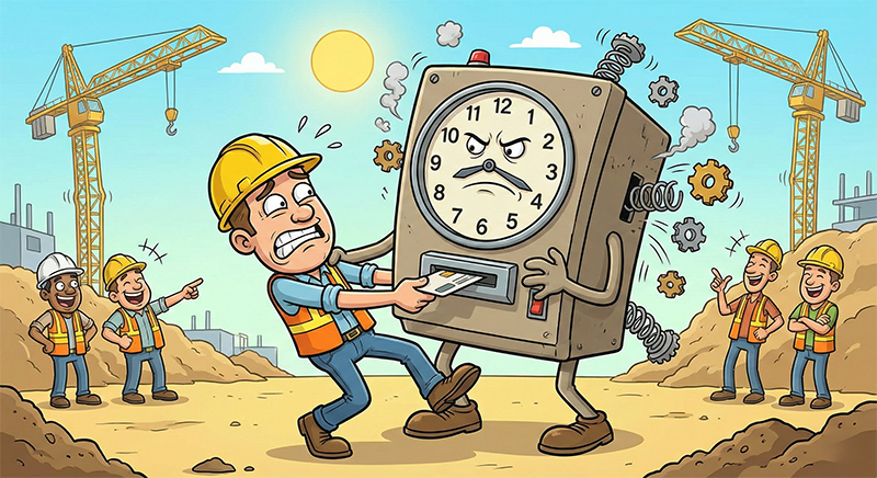 Construction professionals evaluating a rugged ExakTime alternative for field time management