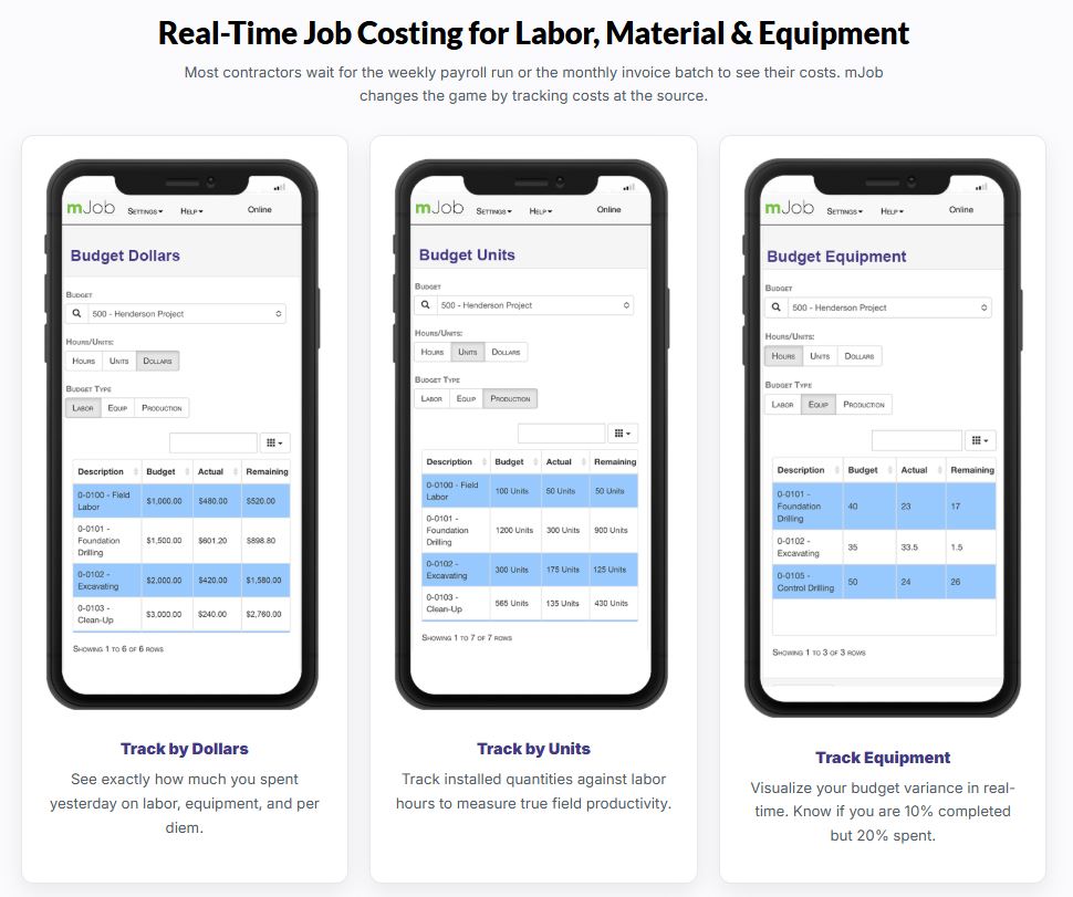 mJob Cost Tracking Page Screenshot