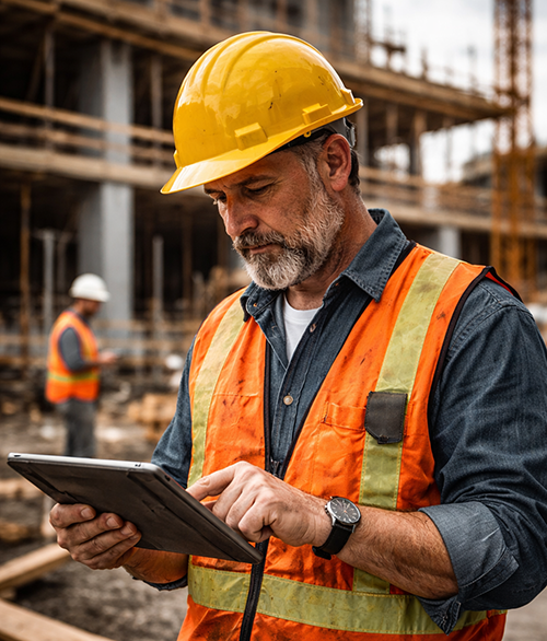 Construction worker comparing time card apps for construction on a mobile device