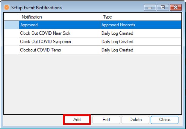 Click Add to create a new event notification