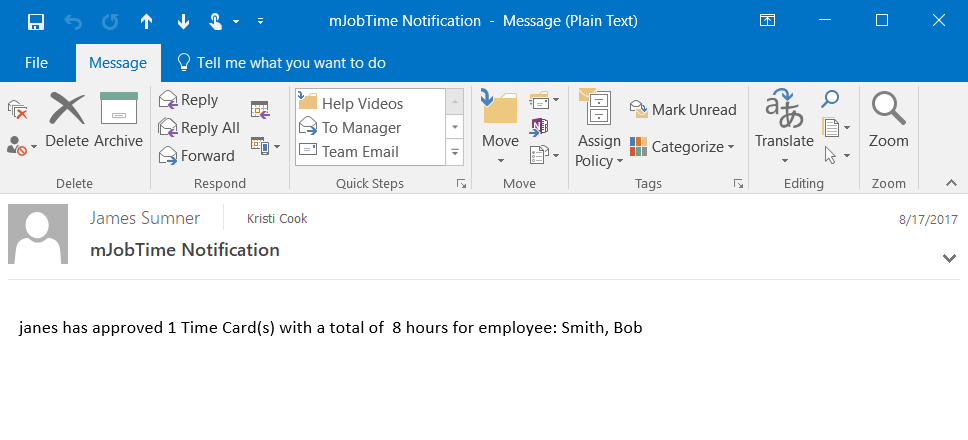 Example of an automated email notification