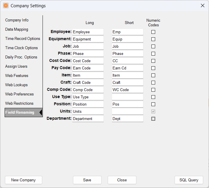 mJob Field Renaming tab for custom field names